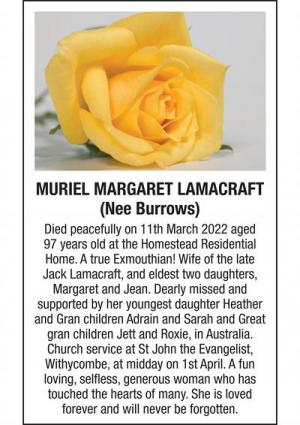 MURIEL MARGARET LAMACRAFT (NEE BURROWS)