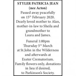 PATRICIA JEAN STYLER (nee Acton)